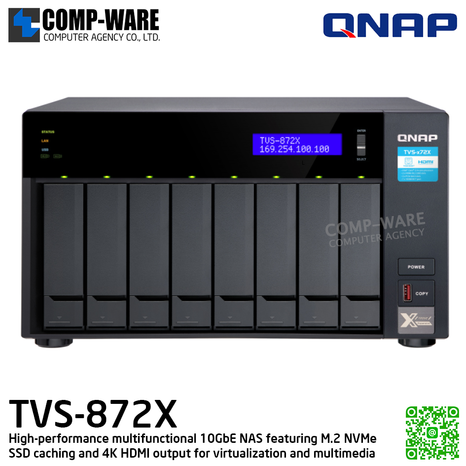 QNAP (Tower 8-Bay) TVS-872X-i3-8G / Intel Core i3-8100T (4Core) / 8GB (1x 8GB) DDR4 SODIMM / 8x 2.5"/3.5" SATA, 2x M.2 2280 PCIe Gen3 x2 / 2 GigaLan, 1 x 10GBASE-T Multi-Gig / 250W Single PSU / 2Y Warranty / No HDD