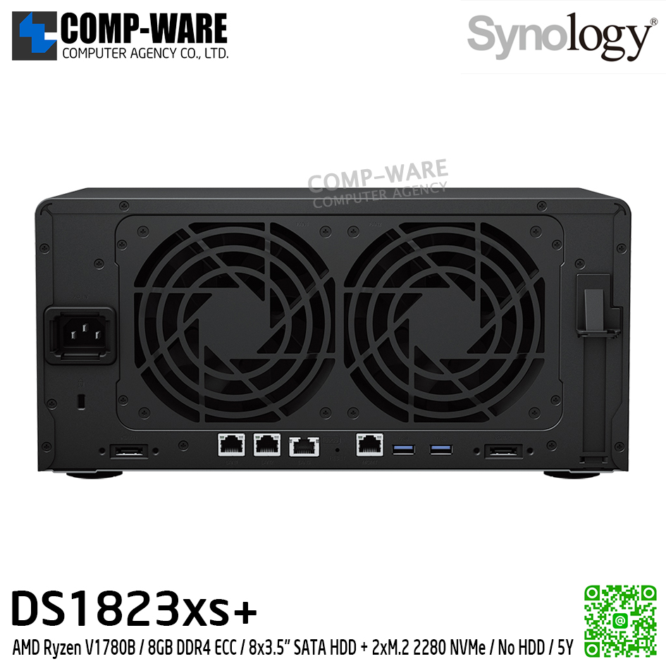 Synology DiskStation (Tower 8-Bay) DS1823xs+ / AMD Ryzen V1780B / 8GB DDR4 ECC SODIMM (Max.32GB) / 8x3.5" SATA HDD + 2xM.2 2280 NVMe / No HDD / 5Y Warranty