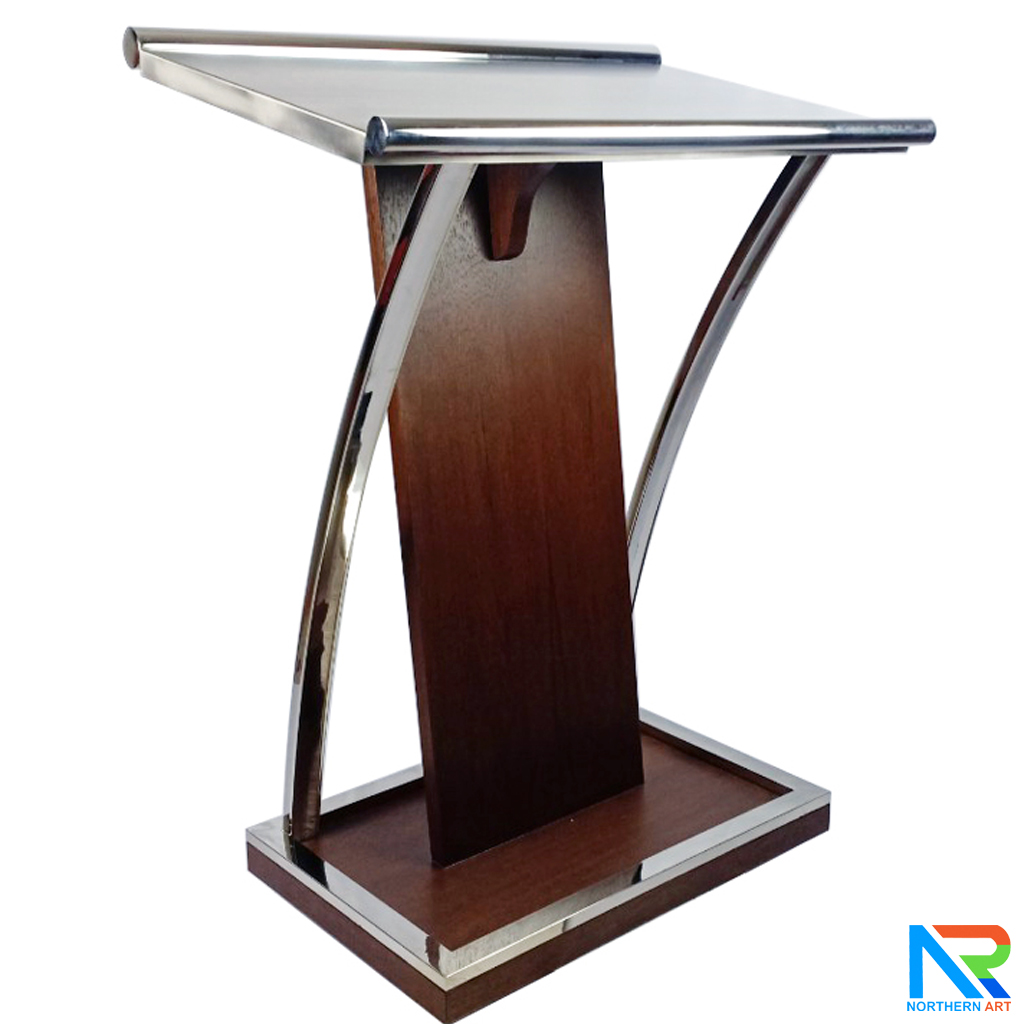 โพเดียมไม้ยืนคู่ Top หุ้มสแตนเลสยืนคู่ สีโอ๊คน้ำตาล ขนาด (W) 90x (L) 59 x (H) 120 cm. พร้อมตกแต่งเสาโค้งสแตนเลสเกรด304