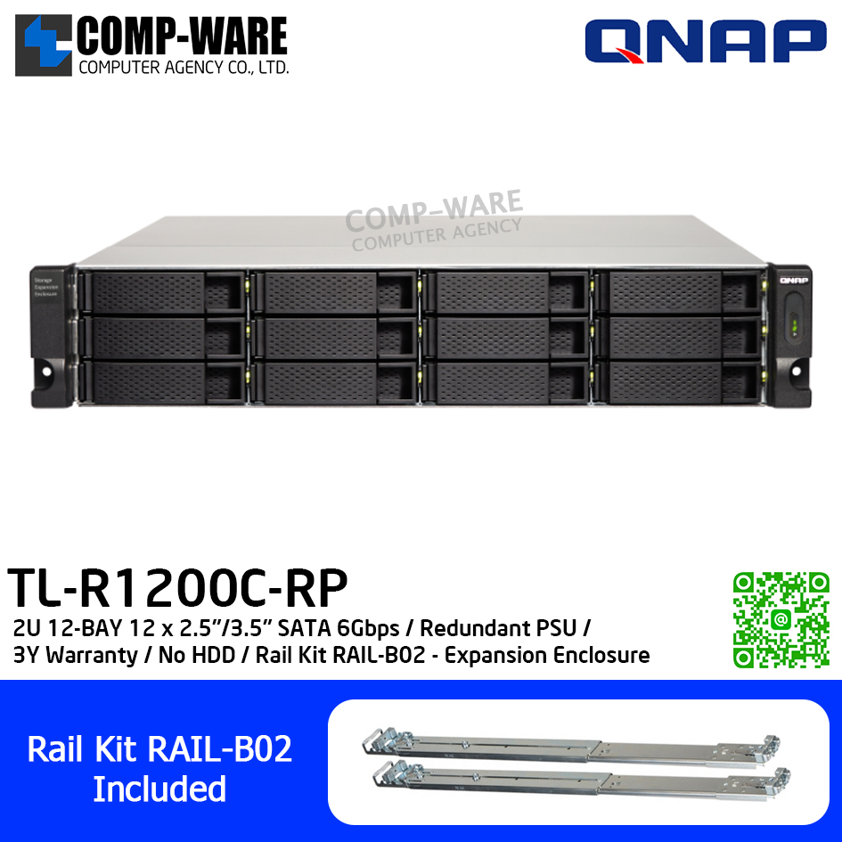 QNAP (2U 12-Bay) TL-R1200C-RP / 12 x 2.5"/3.5" SATA 6Gbps / Redundant PSU / 3Y Warranty / No HDD / Rail Kit RAIL-B02 - Expansion Enclosure