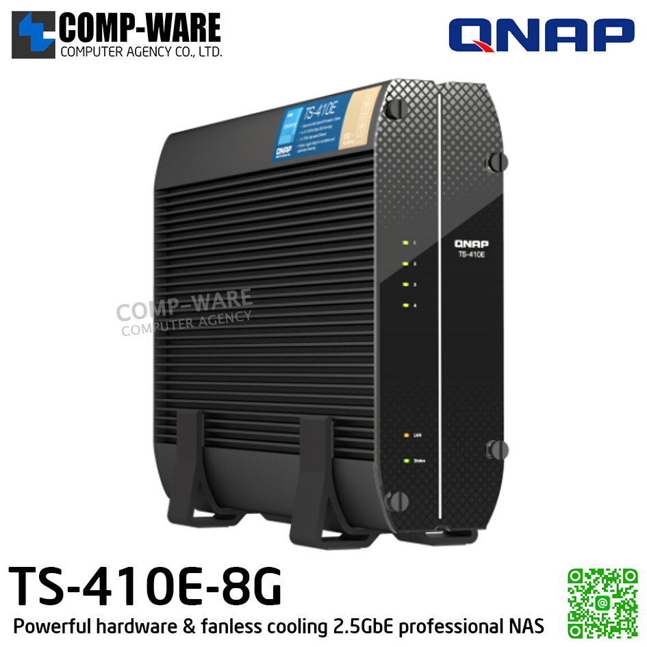QNAP (Tower 4-Bay 2.5in) TS-410E-8G / Intel Celeron J6412 / 8GB on board / 4 x 2.5-inch SATA 6Gb/s / 2 x 2.5GbE / 1 x HDMI 1.4b / Adapter Power / 3Y Warranty / No HDD