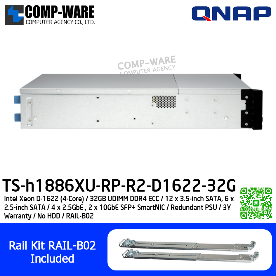 QNAP (2U 18-Bay) TS-h1886XU-RP-R2-D1622-32G / Intel Xeon D-1622 (4-Core) / 32GB UDIMM DDR4 ECC / 12 x 3.5-inch SATA, 6 x 2.5-inch SATA / 4 x 2.5GbE , 2 x 10GbE SFP+ SmartNIC / Redundant PSU / 3Y Warranty / No HDD / RAIL-B02