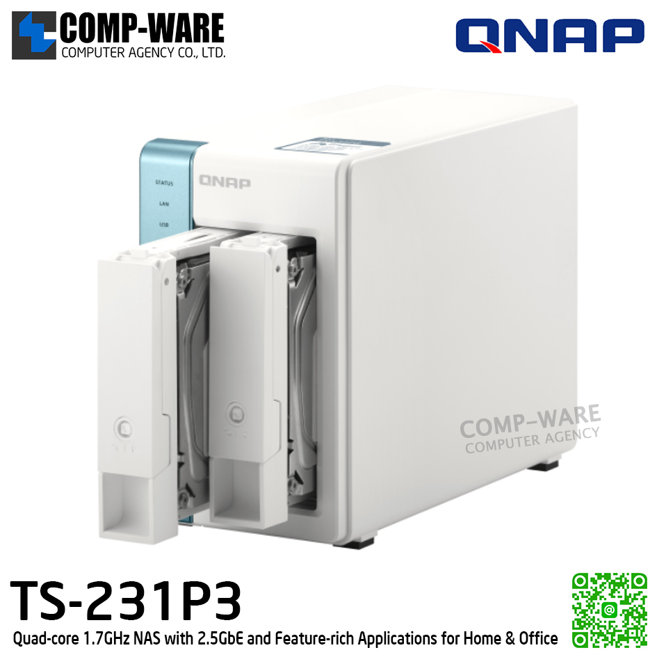 QNAP (Tower 2-Bay) TS-231P3-4G / Annapurna Labs Alpine AL-314 (4Core) / 2GB DDR3L SODIMM / 4 x 2.5" & 3.5" SATA 6Gb/s / 1 x 2.5GbE + 1 x GbE / Adapter Power / 2Y Warranty / No HDD