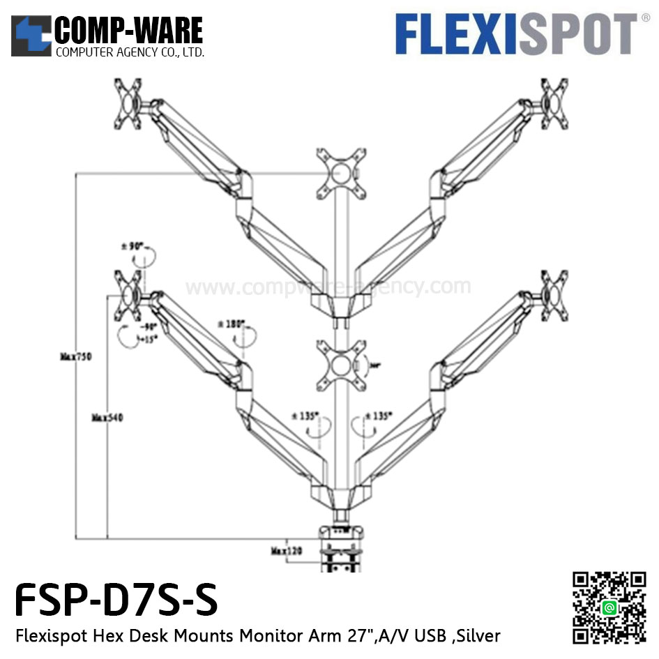 Flexispot FSP-D7S-S Hex Desk Mounts Monitor Arm 27",A/V USB , Silver
