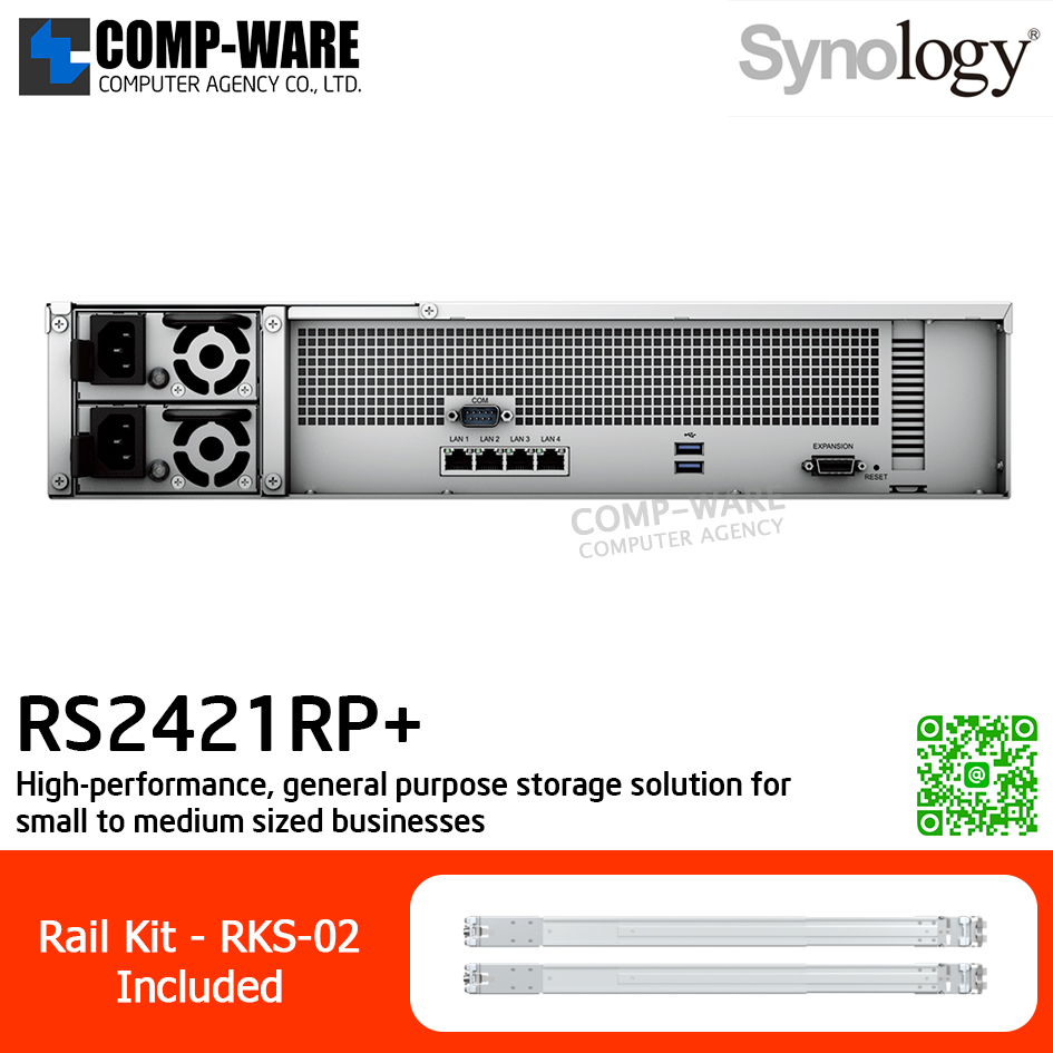 Synology RackStation (2U 12-Bay) RS2421RP+ / AMD Ryzen V1500B / 4GB DDR4 ECC (Max. 32GB) / 4x1GbE Base T, 25GbE/ 10GbE NIC & M.2 SATA SSD (Optional) / Redundant Power / Rail kit RKS-02 / No HDD / 3Y Warranty
