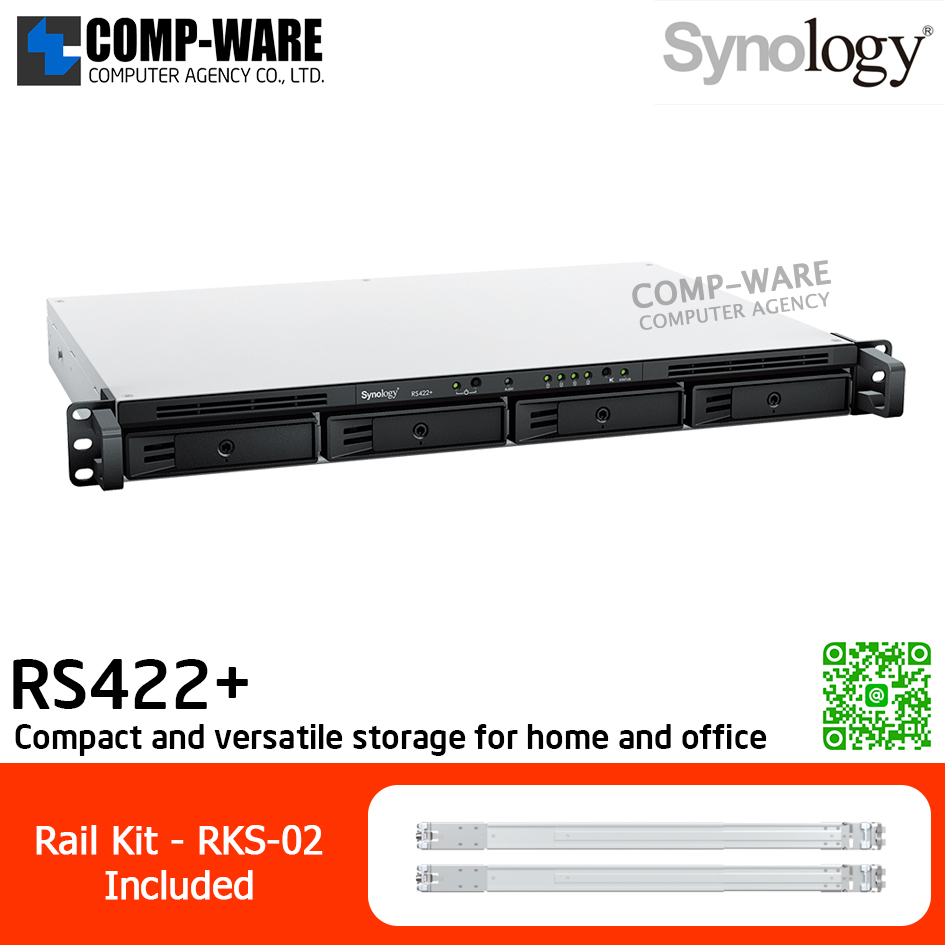 Synology RackStation (1U 4-Bay) RS422+ / AMD Ryzen R1600 / 2 GB DDR4 ECC / 4 x 3.5" SATA HDD or 2.5" SATA SSD / 2 x RJ-45 1GbE / Single PSU 100W / with Rail Kit RKS-02 / No HDD / 3Y Warranty