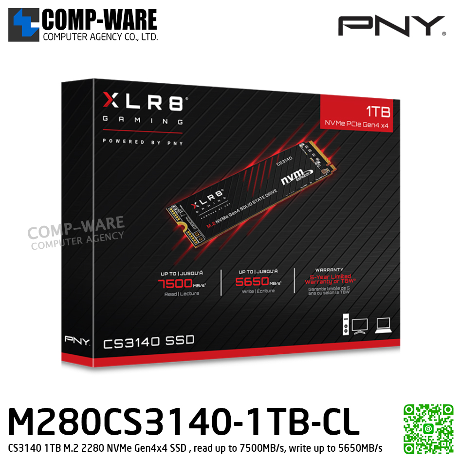 PNY CS3140 1TB M.2 2280 NVMe Gen4x4 SSD , read up to 7500MB/s, write up to 5650MB/s , M280CS3140-1TB-CL / 5Y Warranty / Internal SSD