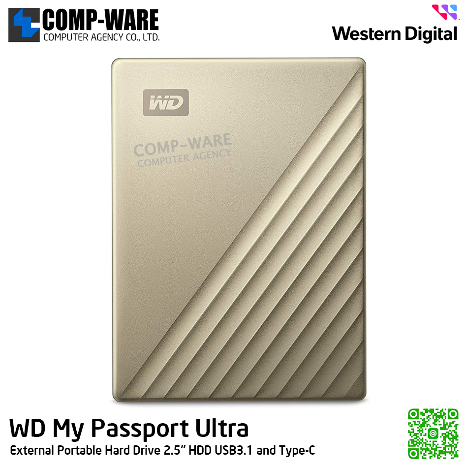 WD 2TB My Passport Ultra External Portable Hard Drive 2.5" HDD USB3.1 and Type-C (Gold) WDBC3C0020BGD-WESN รับประกัน 3 ปี