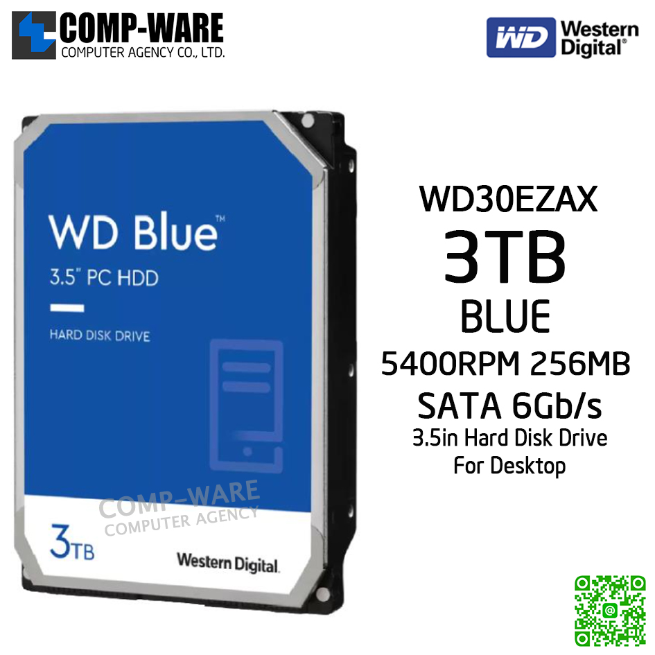 WD Blue 3TB Desktop Hard Disk Drive SATA 6 Gb/s 5400RPM 256MB Cache 3.5Inch - WD30EZAX (รับประกัน 3 ปี)