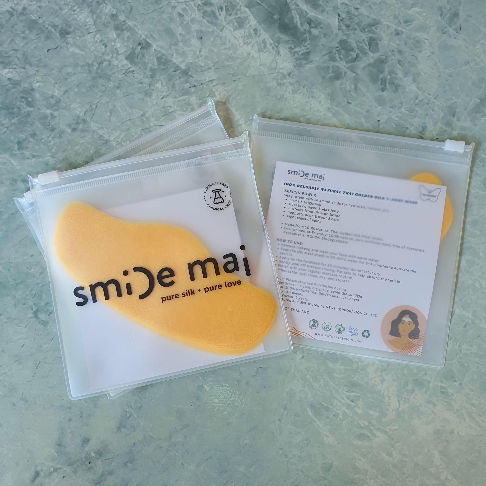 Travel set 10pcs. 100% Biodegradable Natural Thai Golden Raw Silk T-ZONE MASK - แผ่นมาส์กหน้าผากใยไหมธรรมชาติ 100% (10ชิ้น)