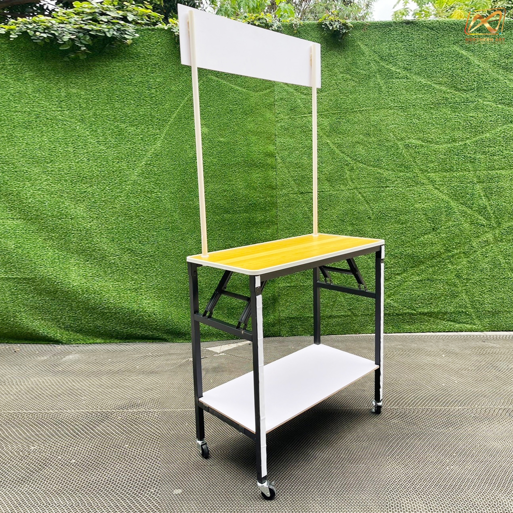 โต๊ะชงชิม TOPไม้ พร้อมล้อ ขนาด (W)80 X (D)40 X (H)170 cm. โครงเหล็กพับได้ มีชั้นวางของ แข็งแรง รับน้ำหนักได้ดี