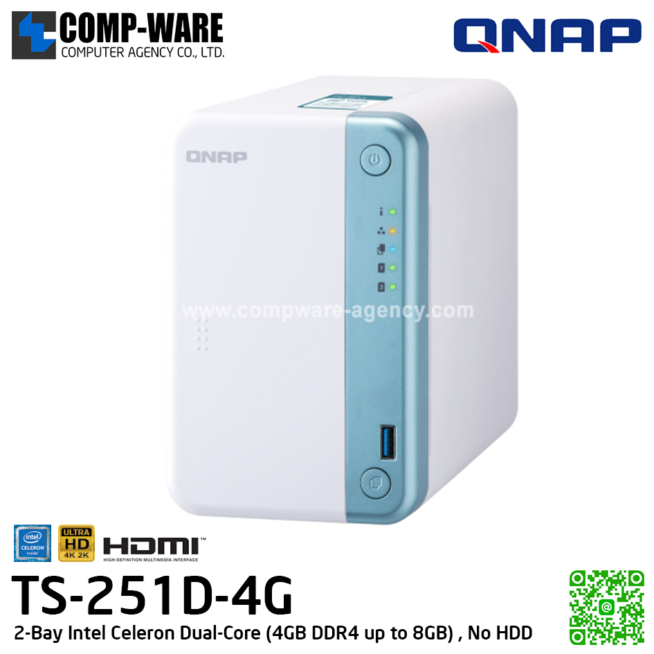 QNAP NAS (2-Bay) TS-251D (4GB DDR4 RAM up to 8GB) Intel Celeron J4005 Dual-Core HD Graphics 600, No HDD / TS-251D-4G