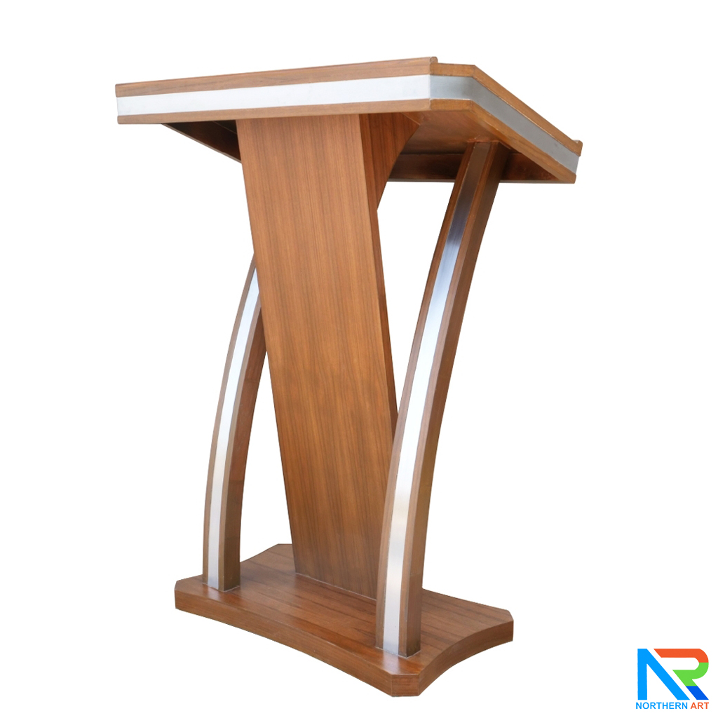 โพเดียมไม้ ยืนคู่ ขนาด 90x52x121 cm.ลายไม้ สีสัก แต่งไม้โค้งด้านข้าง พร้อมแถบลามิเนตสีเงินเงาTOPและ เสาข้าง