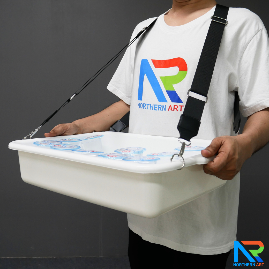 SAMPLING MOBILE TRAY ถาดแจกเคลื่อนที่ ขนาด (W)52 x (D)38 x (H)11 cm. ถาดพลาสติกสีขาวพร้อมสายคล้อง