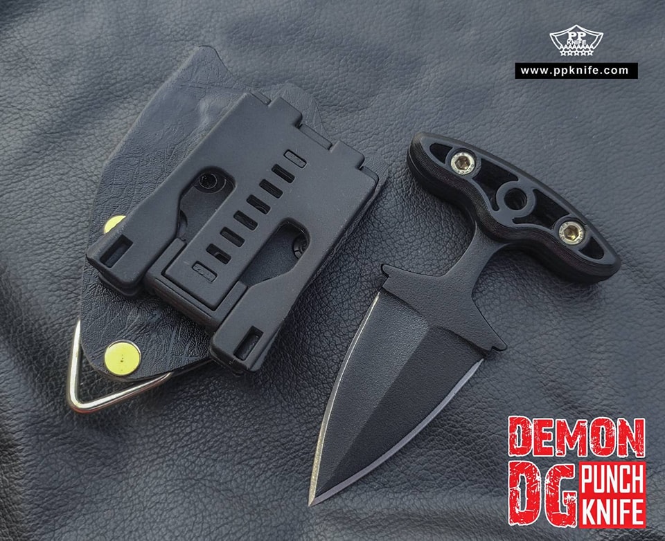 มีดชกตัวใหม่แบรนด์ PPKNIFE รุ่น DEMON DG มีดชกสองคม ปรับปรุงขนาดใหม่จากรุ่นเดิม ให้มีขนาดกะทัดรัด คล่องตัว พกพาได้มิดชิด ใบมีดทำจากสแตนเลส 420J ( JAPAN ) ชุบแข็งอยู่ที่ 57 hrc ขึ้นรูปแบบ 2 คมแท้ ทั้งสองด้าน หน้า/หลัง รีดรูปทรงให้ออกมาได้สวยงาม