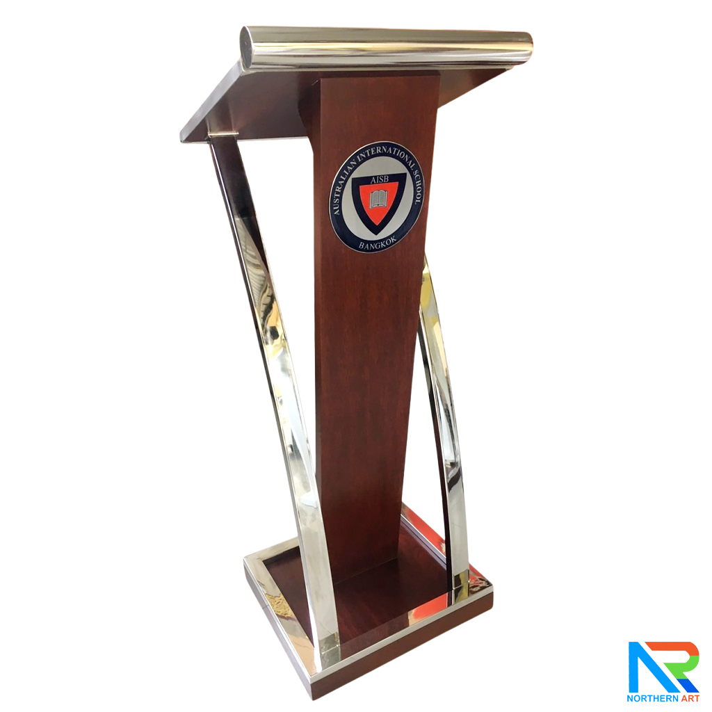 โพเดียมไม้จริง สีโอ๊คน้ำตาล PD-01 ขนาด (W) 48x (L) 51 (H) 120 cm Top หุ้มสแตนเลส เกรด 304 พร้อมตกแต่งเสาโค้งสแตนเลส