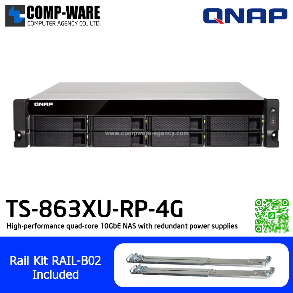 QNAP NAS (2U 8-Bay) TS-863XU (4GB RAM) Single Power Supply , Redundant Power Supply , with Rail kit (RAIL-B02), No HDD