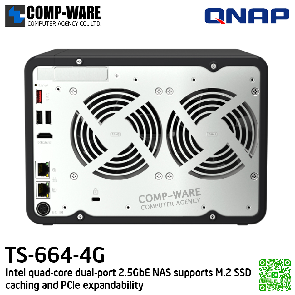 QNAP (Tower 6-Bay) TS-664-4G / Intel Celeron N5105/N5095 / 4GB DDR4 SODIMM / 6 x 3.5-inch SATA 6Gb/s / 2 x 2.5GbE / 2 x M.2 2280 / 1xHDMI / Adapter Power / 3Y Warranty / No HDD