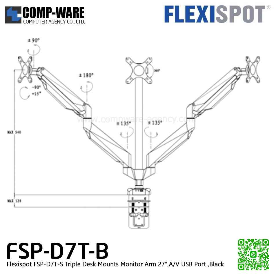 Flexispot FSP-D7T-B Triple Desk Mounts Monitor Arm 27",A/V USB Port ,Black