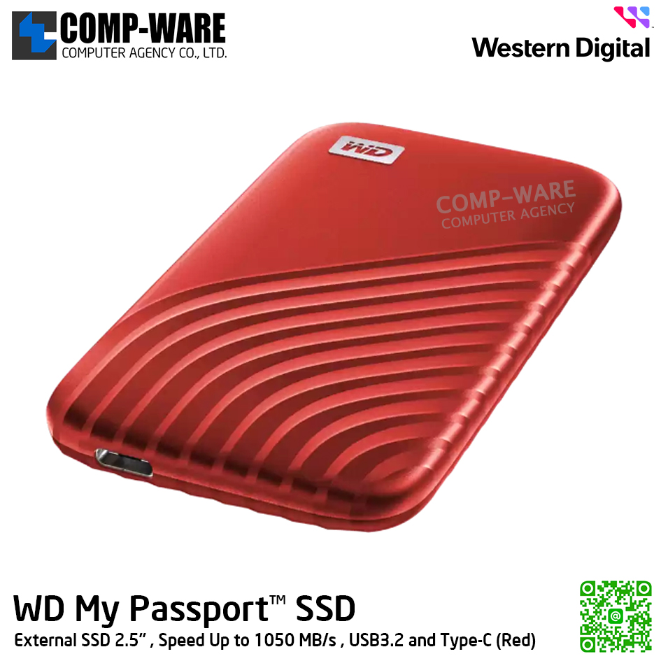 WD 1TB My Passport SSD External SSD 2.5" , Speed Up to 1050 MB/s , USB3.2 and Type-C (Red) WDBAGF0010BRD-WESN รับประกัน 3 ปี
