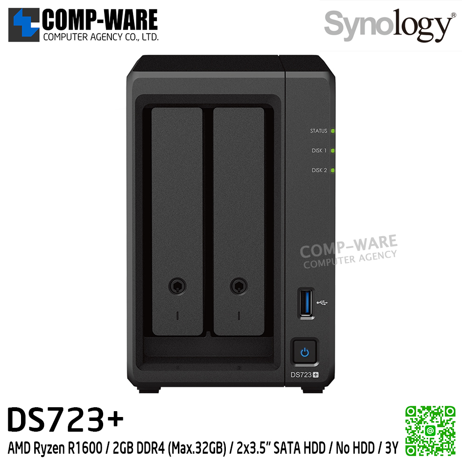 Synology DiskStation (Tower 2-Bay) DS723+ / AMD Ryzen R1600 / 2GB DDR4 (Max.32GB) / 2x3.5" SATA HDD / No HDD / 3Y Warranty