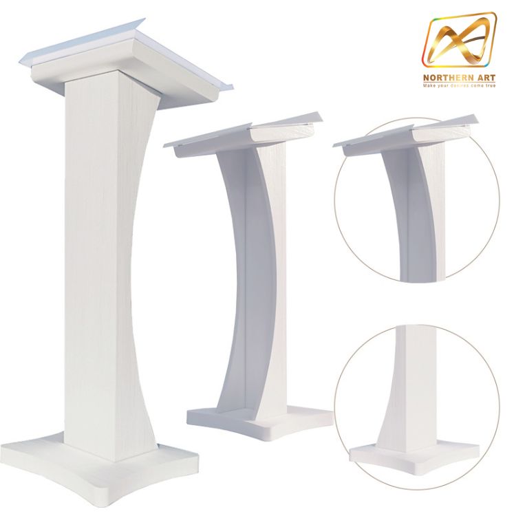 โพเดียมไม้ สีขาว ขนาด (W) 48 x (L) 40 x (H) 120 cm. Top เอียง ปิดทับอะคริลิคใสพร้อมหมุด