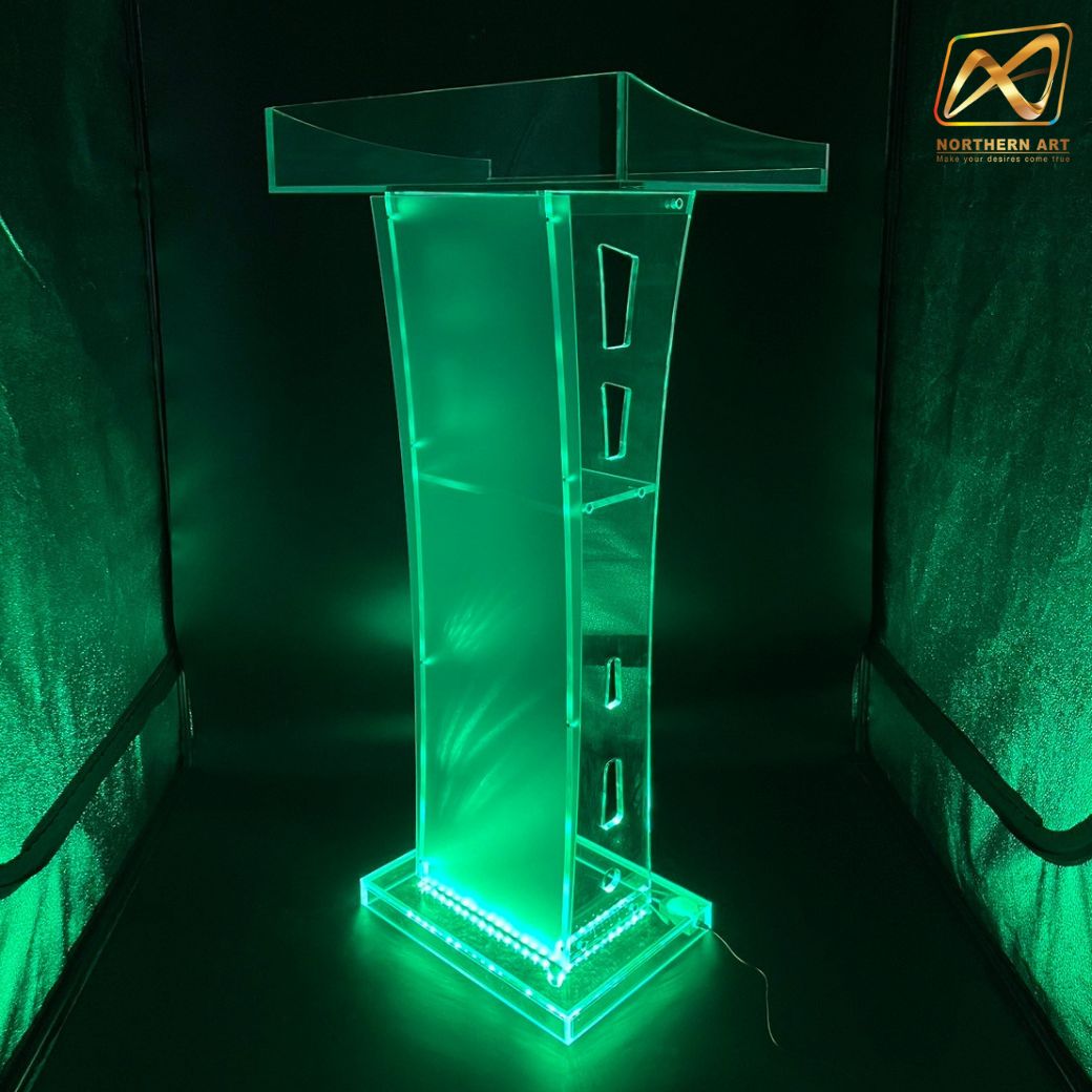 โพเดียมอะคริลิค เรืองแสงLED เปลี่ยนสีได้ พร้อมรีโมท TOP ตรง ขนาด (W) 60 x (L) 40 x (H) 113 ซม.