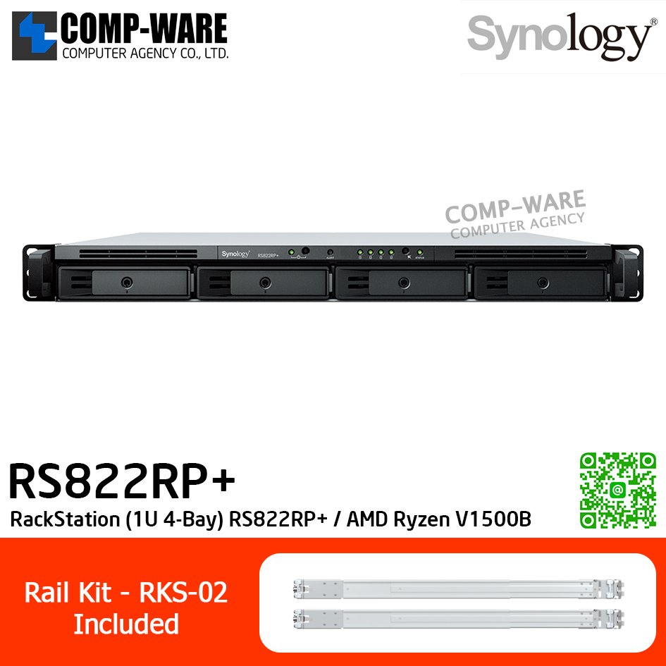Synology RackStation (1U 4-Bay) RS822RP+ / AMD Ryzen V1500B / 2GB DDR4 ECC SODIMM / 4 x 3.5" SATA HDD or 2.5" SATA SSD / 4 x RJ-45 1GbE / Redundant PSU / with Rail Kit RKS-02 / No HDD / 3Y Warranty