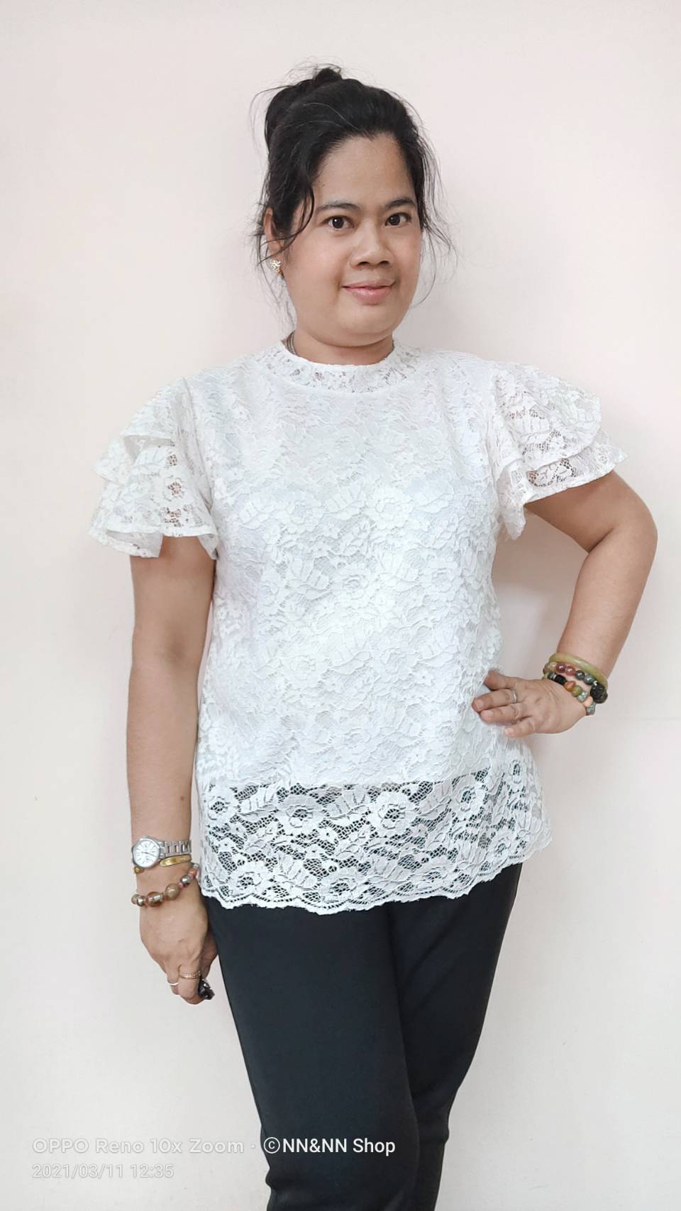 NNandNN Shop 3 0017 เสื้อลูกไม้คอกลม แขนบานสองชั้น สีพื้น หลายสี 4XL 46