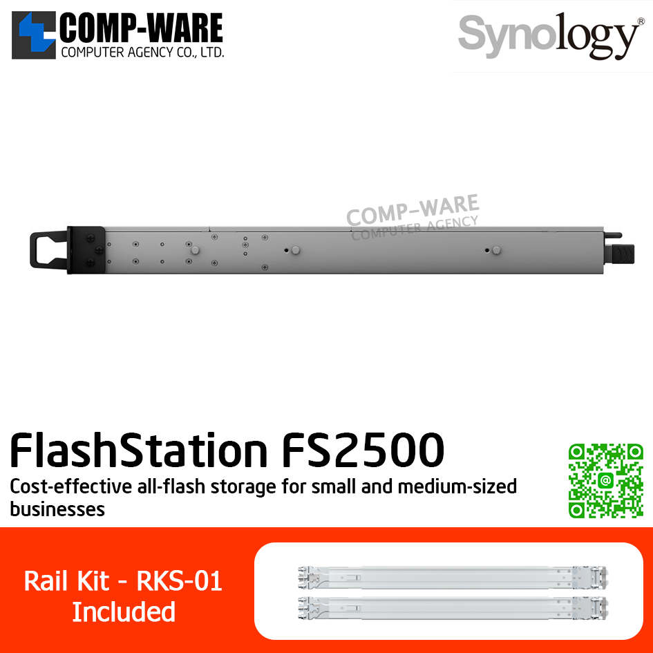 Synology FlashStation (1U 12-Bay 2.5'' SATA SSD All-flash storage) FS2500 / AMD Ryzen V1780B / 8GB DDR4 ECC UDIMM (Max. 32GB) / 2x1GbE Base T, 2x10GbE Base T / Redundant Power / Rail kit RKS-01 / No HDD / 5Y Warranty