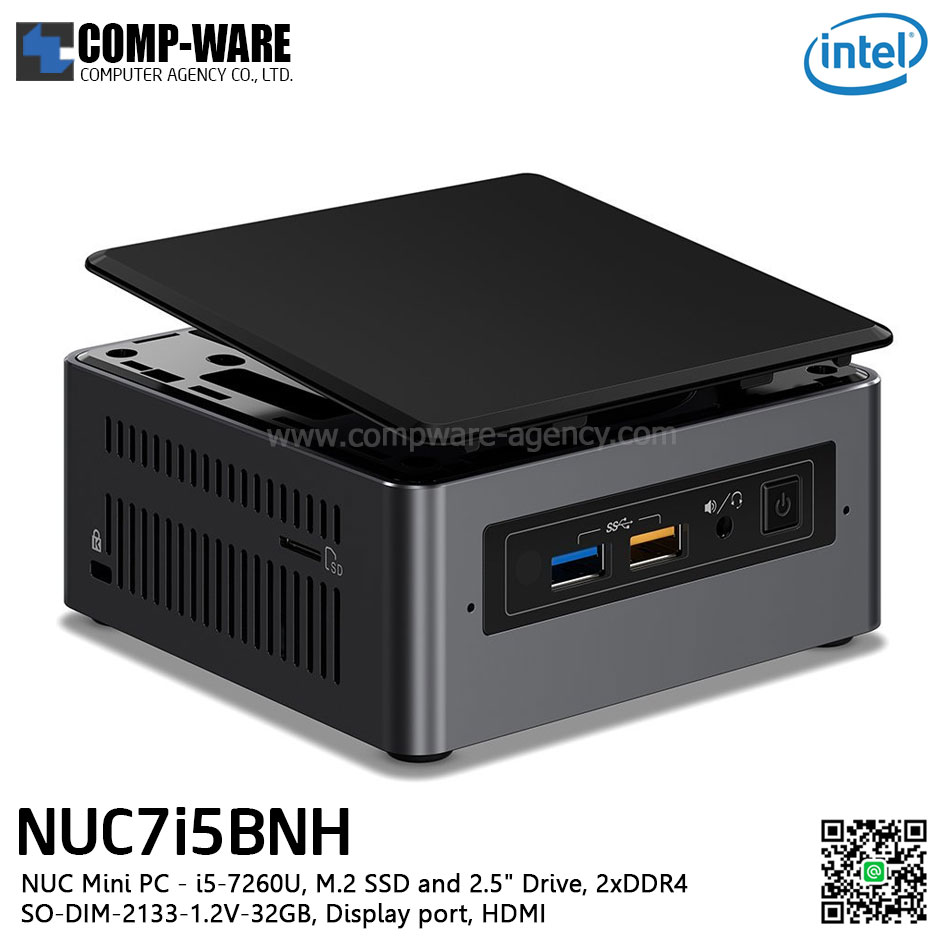 Intel NUC7I5BNH NUC Mini PC - i5-7260U, M.2 SSD and 2.5" Drive, 2xDDR4 SO-DIM-2133-1.2V-32GB, Display port, HDMI BOXNUC7I5BNH