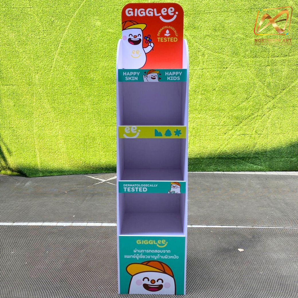 ชั้นวางสินค้าพลาสวูด 4 ชั้น ขนาด (W)30 x (D)30 x (H)135 ซม. พลาสวูดหนา 8 มม.พร้อมงานพิมพ์สติ๊กเกอร์ สำเนา