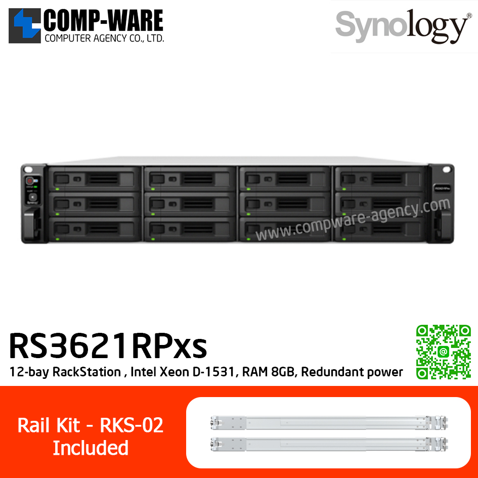 Synology RackStation (2U 12-Bay) RS3621RPxs / Intel Xeon D-1531 6-Core / 8GB ECC UDIMM (Max.64GB) / 4x1GbE Base T / Redundant power / Rail Kit RKS-02 / 5Y Warranty / No HDD