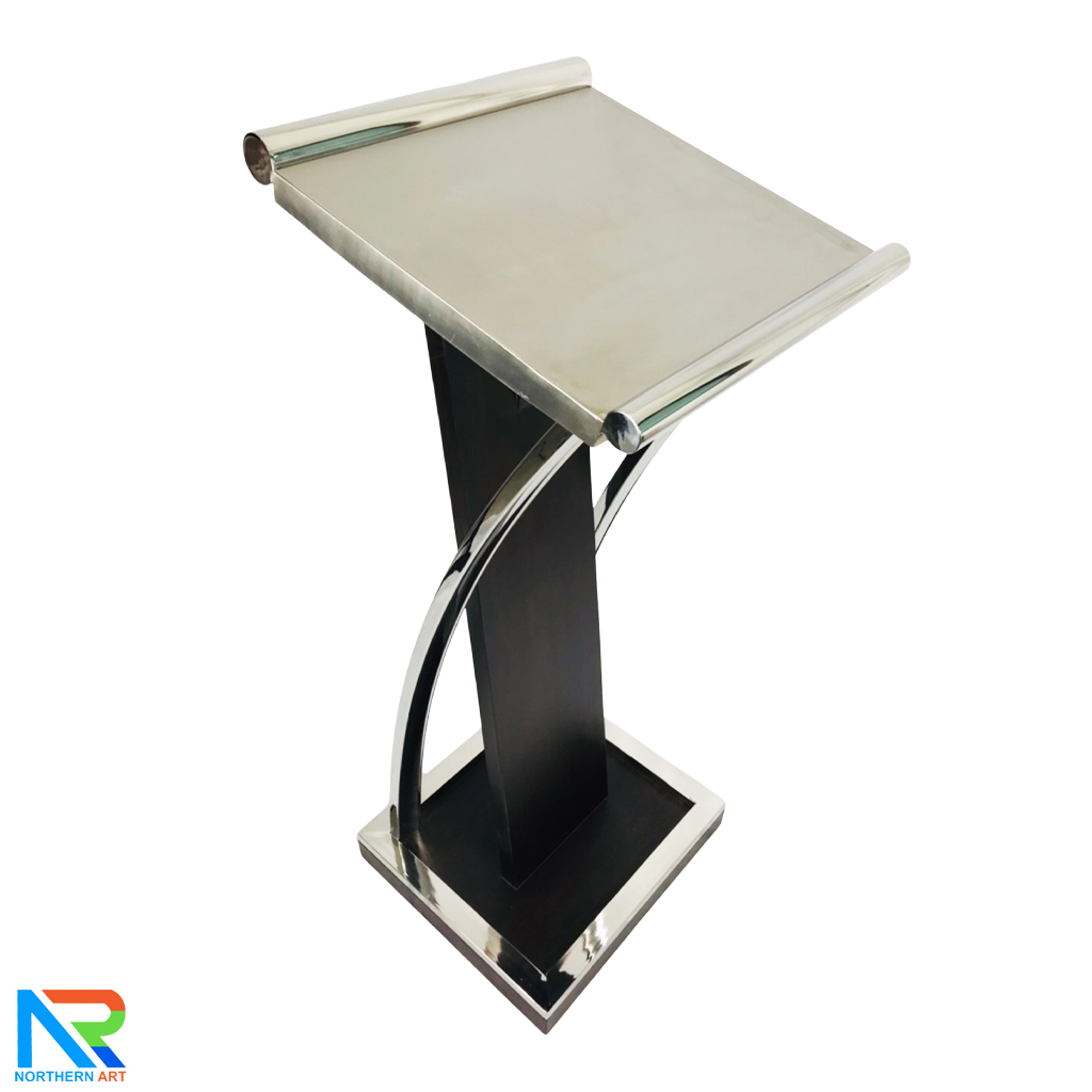 โพเดียมไม้จริง สีดำ PD-01 ขนาด (W) 48x (L) 51 (H) 120 cm Top หุ้มสแตนเลส เกรด 304 แข็งแรงทนทาน พร้อมจัดส่งทั่วไทย