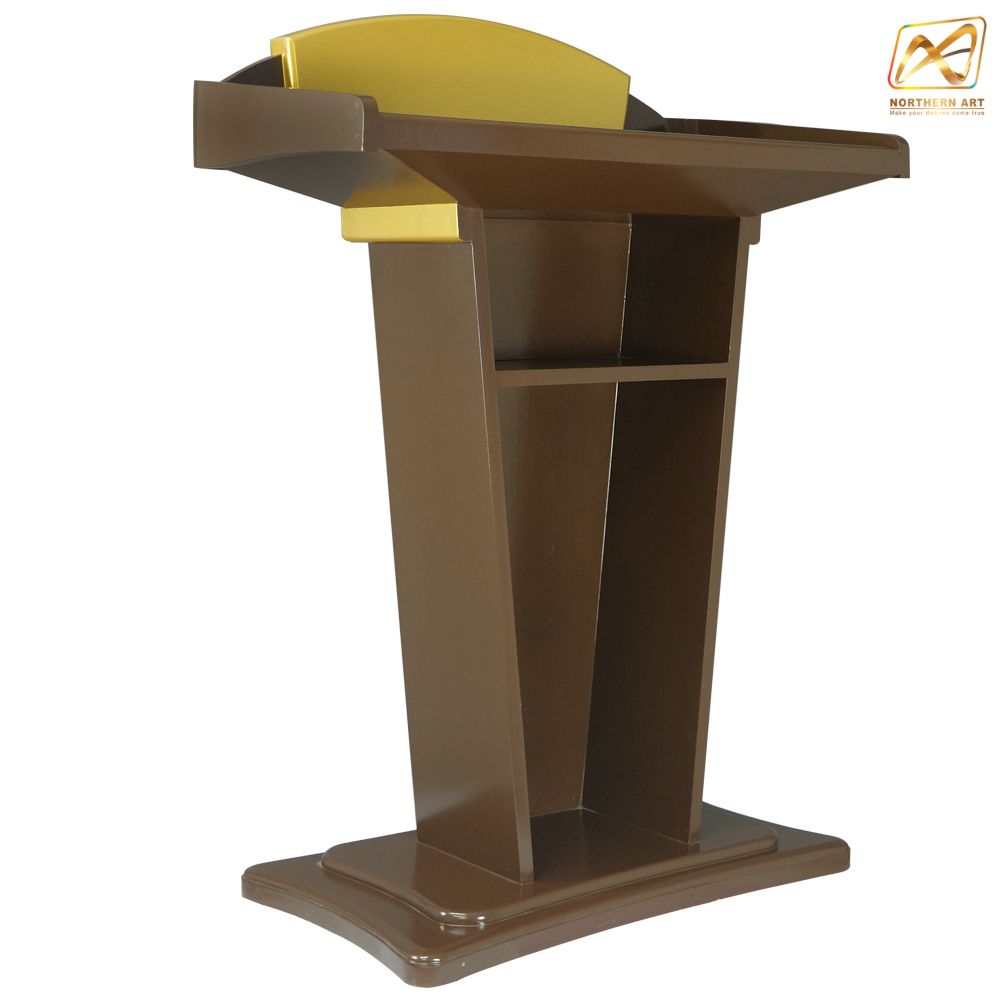 โพเดียมไม้สีโอ๊คและสีทอง รุ่น PD-07 ขนาดTOP 90 x 47 ซม.สูง 120 ซม. พร้อมชั้นวางของ