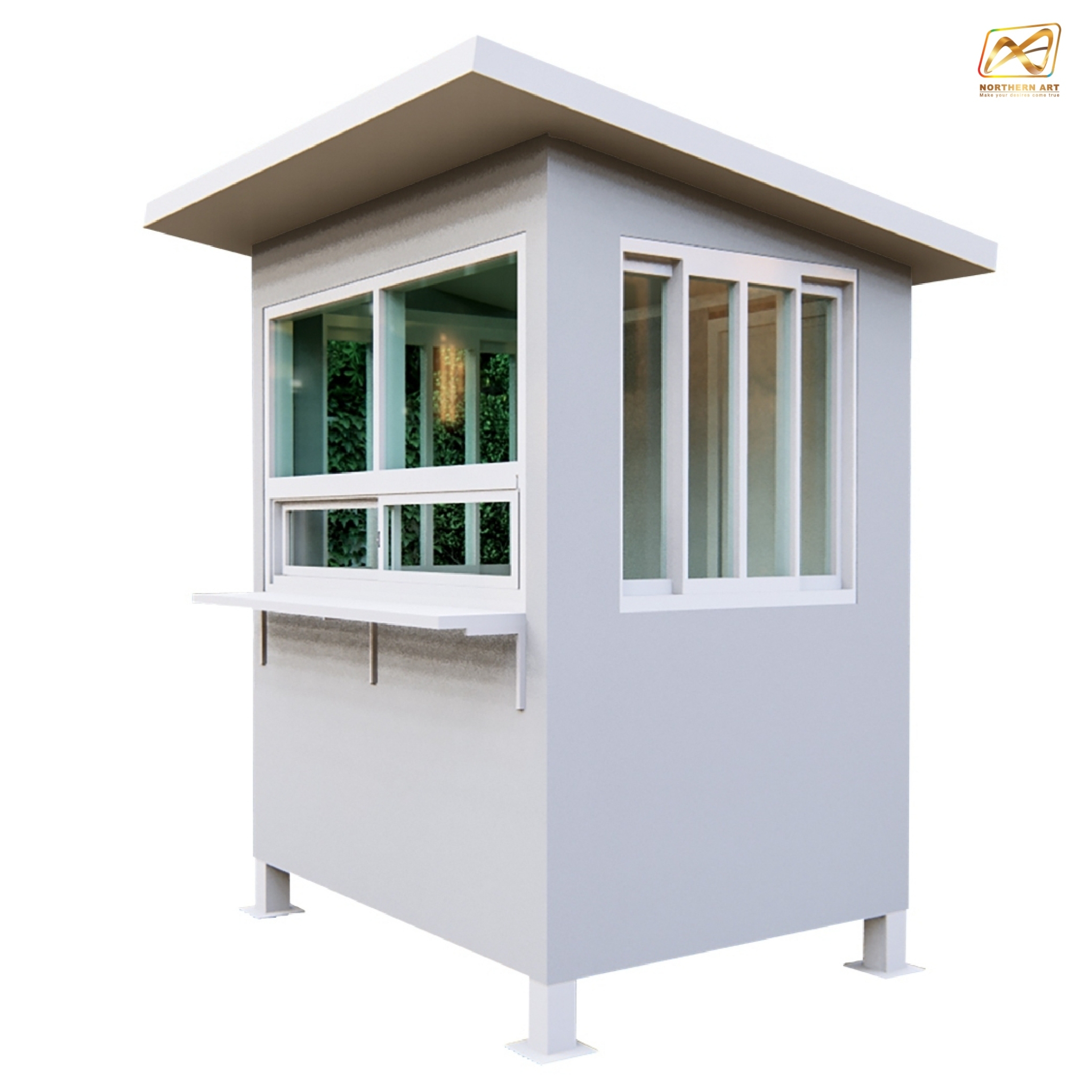 ป้อมยามสำเร็จรูป หุ้มเสา ขนาด (W)1.50 x (L)2.00 x (H)2.60 ม. โครงเหล็ก กรุแผ่นสมาร์ทบอร์ด บานหน้าต่างอลูมิเนียม