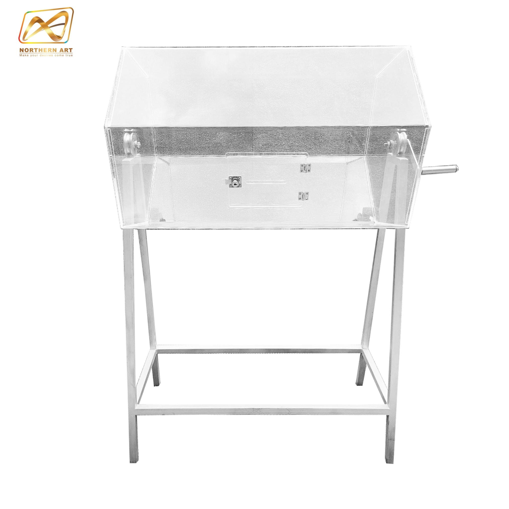 กล่องอะคริลิคจับรางวัล ตั้งพื้น หมุนได้360 องศา ขนาดกล่อง (W) 80 x (D) 58 x (H) 132.5 cm. ฝาเปิดพร้อมกุญแจล็อค