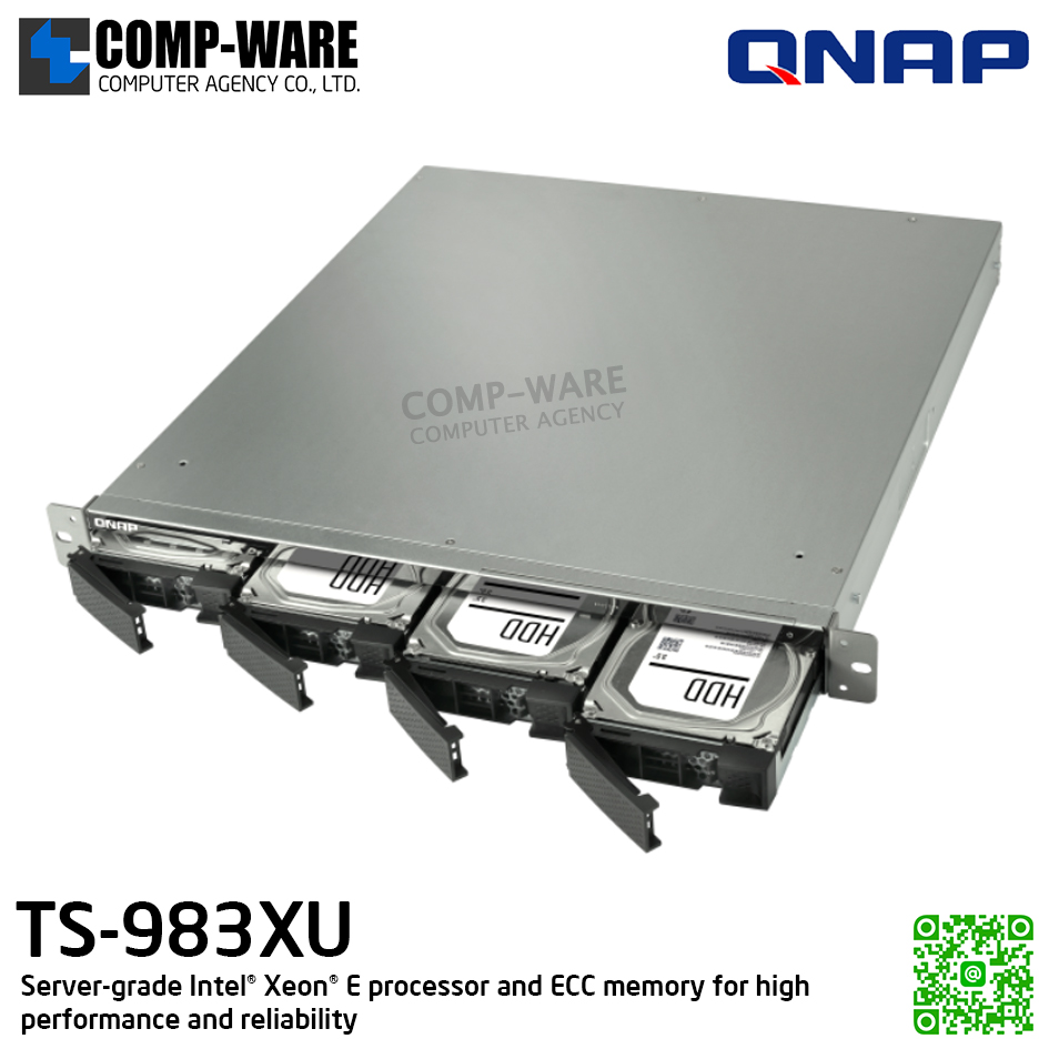 QNAP (1U 9-Bay) TS-983XU-E2124-8G / Intel Xeon E-2124 (8Core) / 8GB UDIMM DDR4 ECC (2 x 4GB) / 4 x 2.5"/3.5" SATA 6Gbps + 5 x 2.5" SATA 6Gbps / 2 x GigaLan, 2 x 10GbE SFP+ SmartNIC / 250W Single PSU / 3Y Warranty , No HDD , No Rail Kit