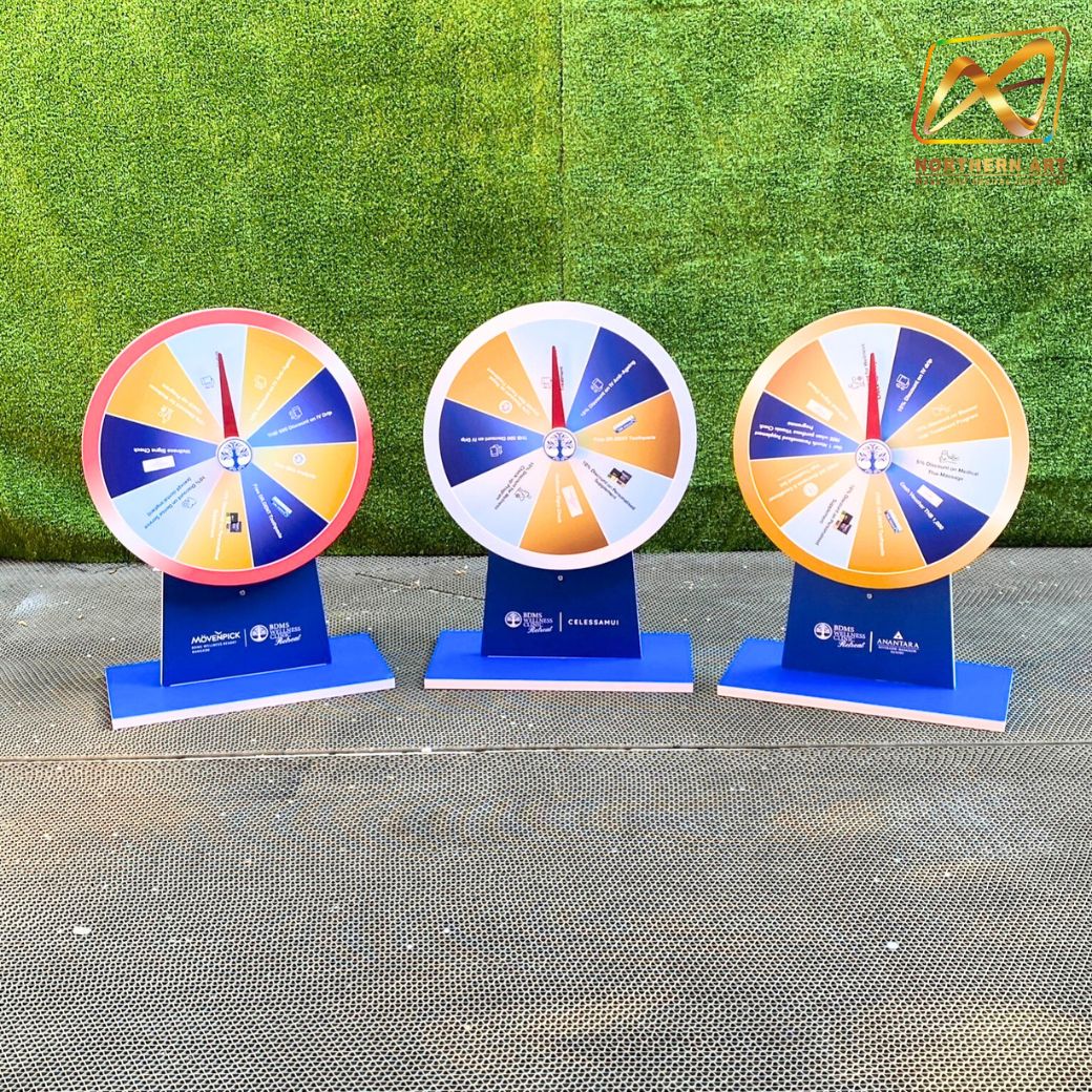 เกมส์วงล้อตั้งโต๊ะ ขนาดวงล้อ 40 ซม. สูง 56 ซม. วัสดุพลาสวูดสีขาว หนา 8-15 มม. ถอดประกอบได้