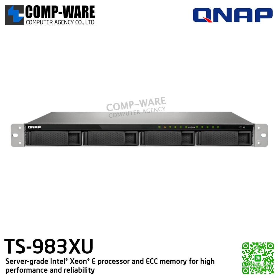 QNAP (1U 9-Bay) TS-983XU-E2124-8G / Intel Xeon E-2124 (8Core) / 8GB UDIMM DDR4 ECC (2 x 4GB) / 4 x 2.5"/3.5" SATA 6Gbps + 5 x 2.5" SATA 6Gbps / 2 x GigaLan, 2 x 10GbE SFP+ SmartNIC / 250W Single PSU / 3Y Warranty , No HDD , No Rail Kit