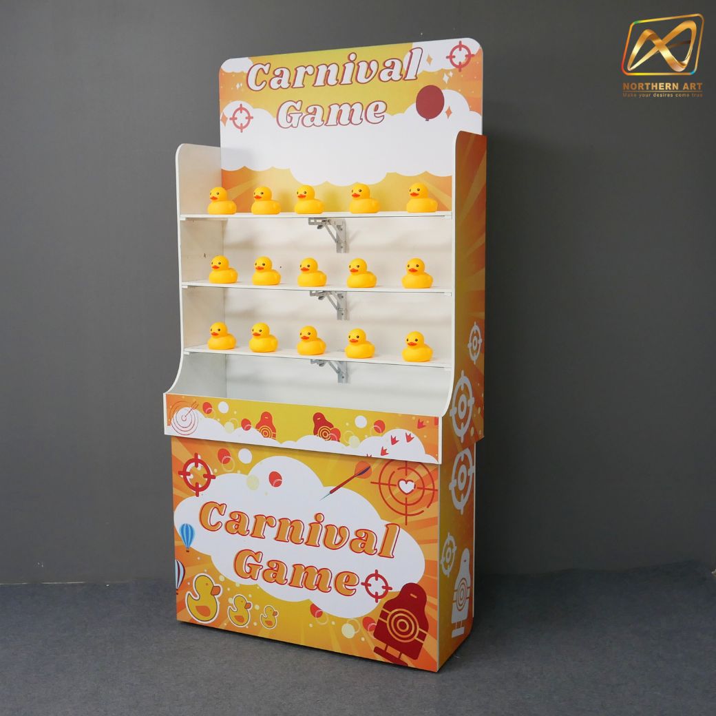 เช่าเกมส์ปาเป็ด ขนาดโครง (W) 90 x (L)36 x (H)180 cm. พร้อมเป็ดยาง 15 ตัว และบอลโฟม 12 ลูก