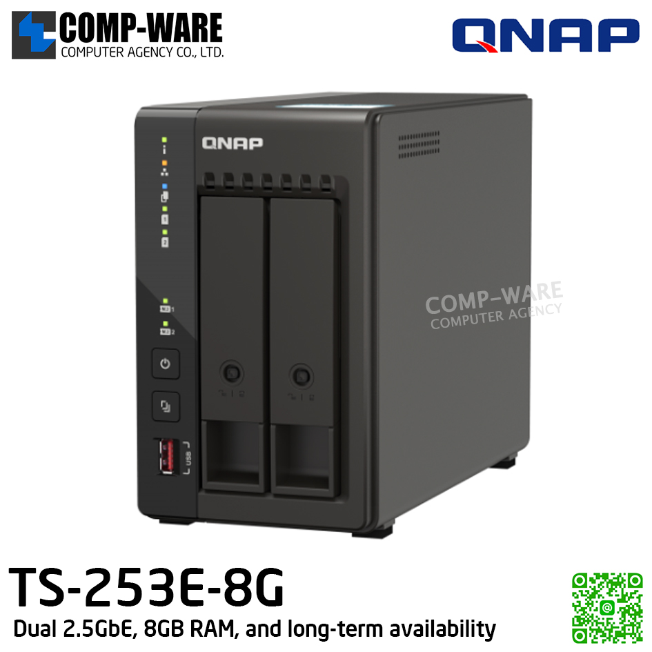 QNAP (Tower 2-Bay) TS-253E-8G / Intel Celeron J6412 / 8GB on board / 2 x 3.5-inch SATA 6Gb/s / 2 x 2.5GbE / 2 x M.2 2280 / 2 x HDMI 1.4b / Adapter Power / 3Y Warranty / No HDD