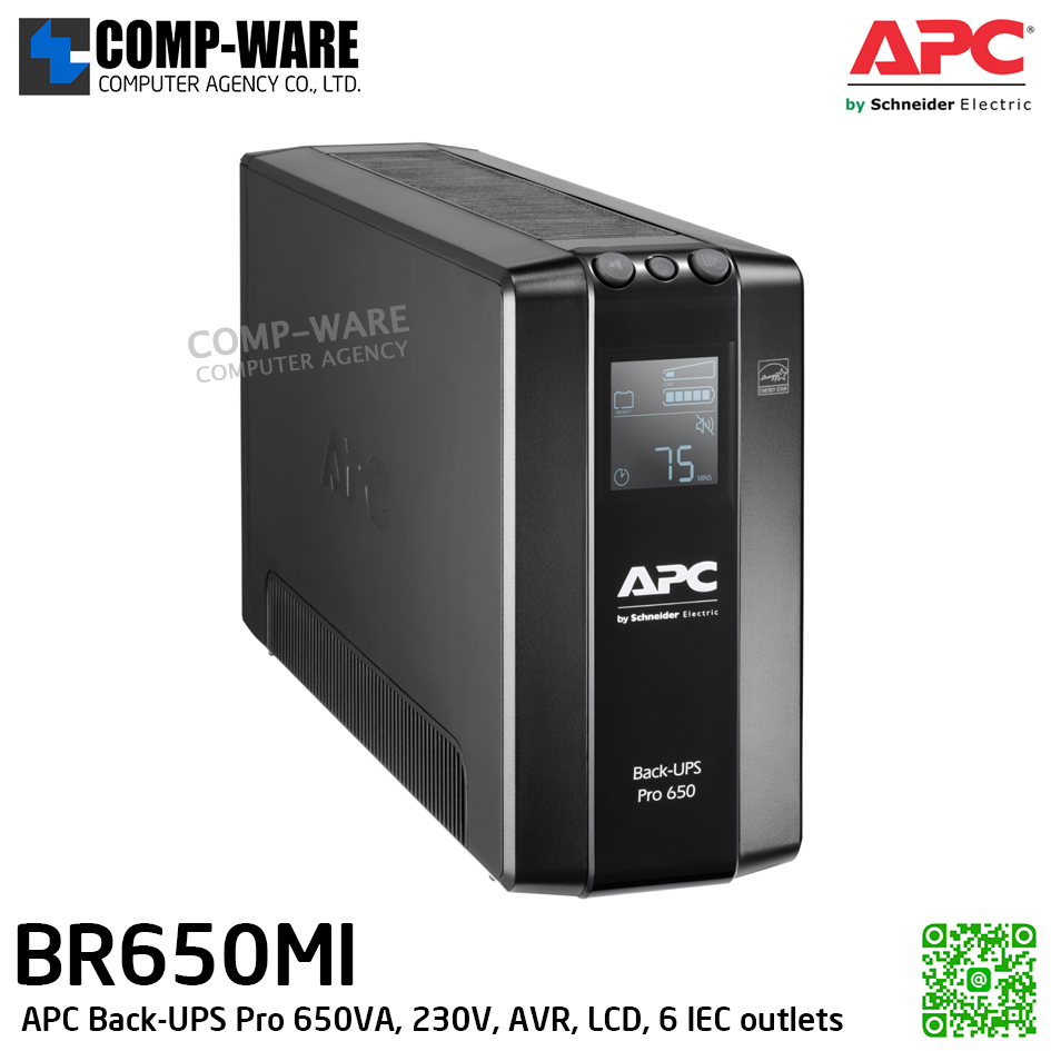 APC Back-UPS Pro 650VA/390Watt , 230V, AVR, LCD, 6 IEC outlets, APC-BR650MI (เต้าเสียบ IEC, มี auto shutdown software, มีหน้าจอ LCD) / 3Y Onsite 5x8