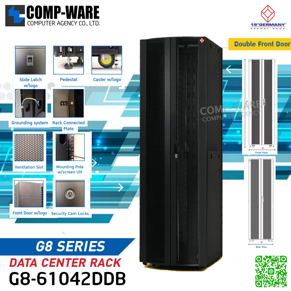 19" GERMAN G8-61042DDB DATA CENTER RACK 42U, ลึก 100cm. Black (60cm*100cm*205cm) รุ่น G8 Series Double Front Curve Perforate Door // ตู้เปล่าเท่านั้นไม่มีอุปกรณ์เสริม