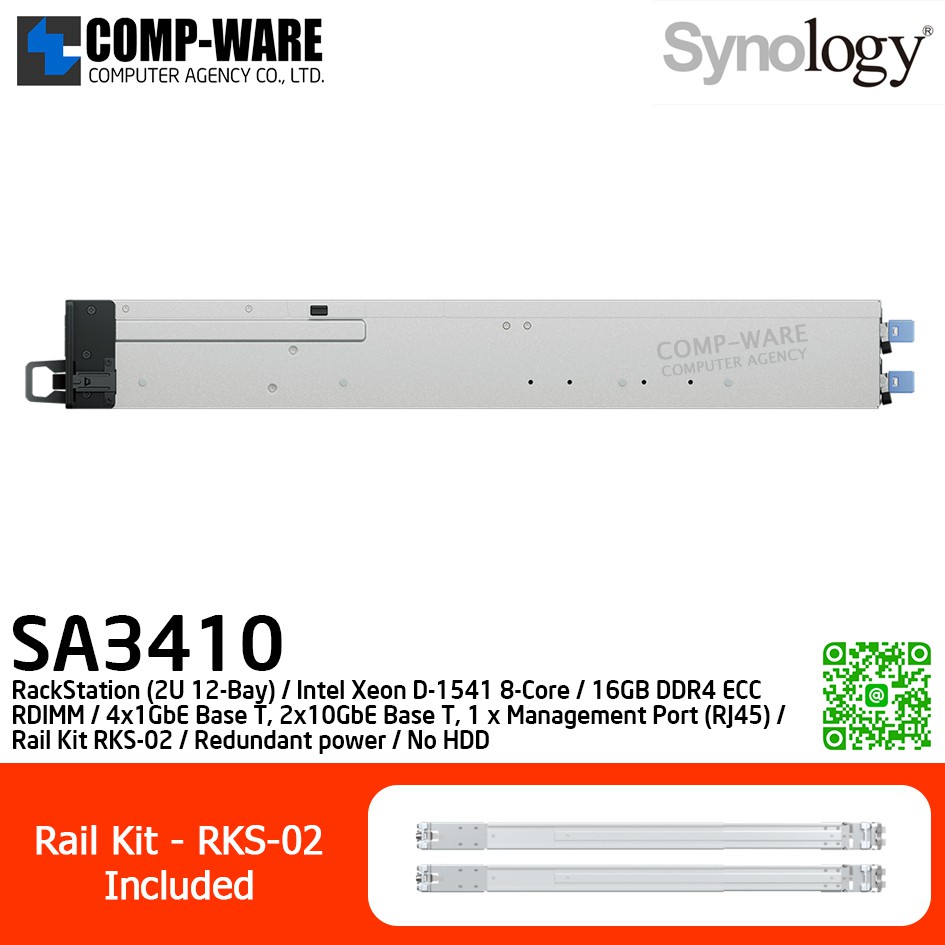 Synology RackStation (2U 12-Bay) SA3410 / Intel Xeon D-1541 8-Core / 16GB DDR4 ECC RDIMM / 4x1GbE Base T, 2x10GbE Base T, 1 x Management Port (RJ45) / Rail Kit RKS-02 / Redundant power / No HDD / 5Y Warranty