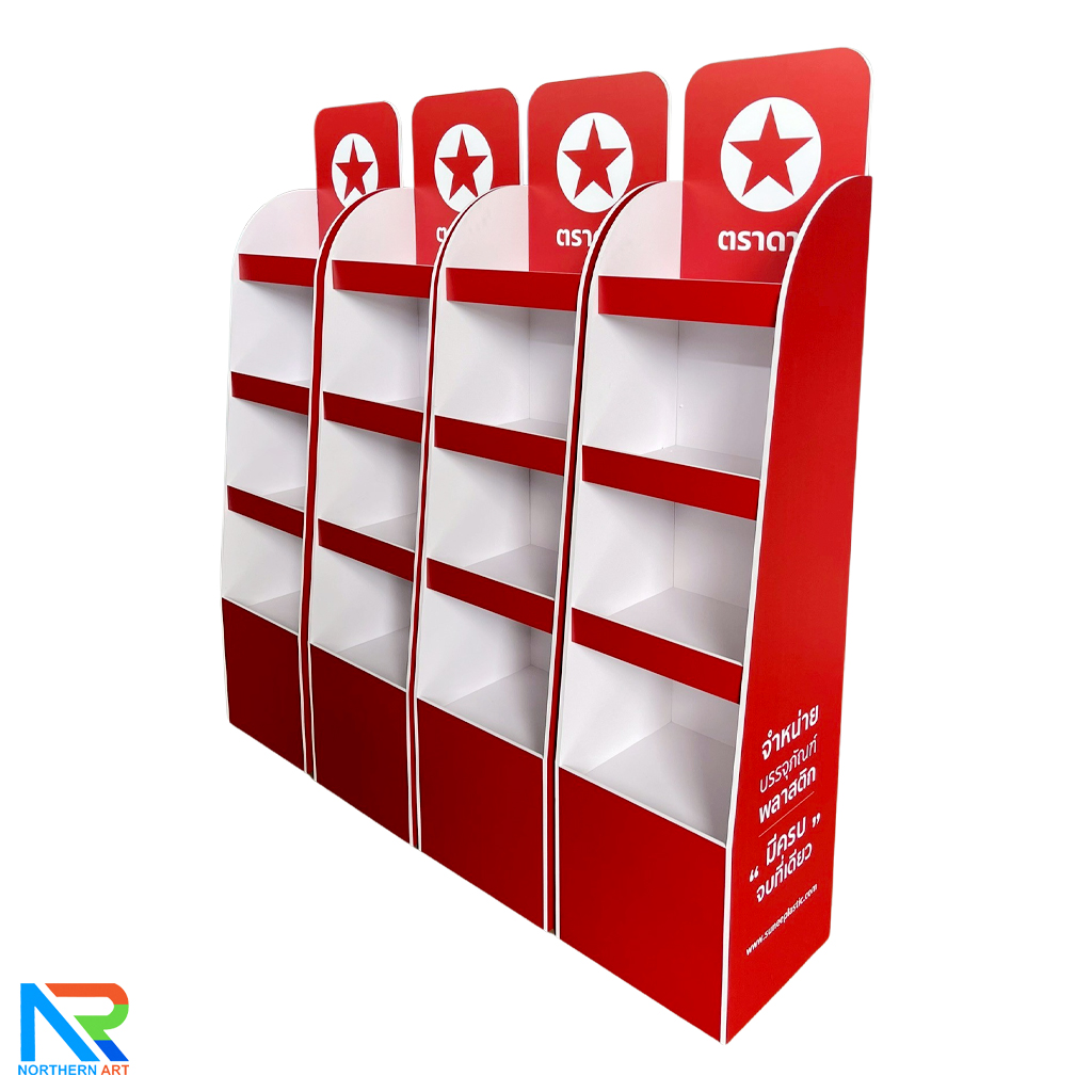 ชั้นวางสินค้าพลาสวูด 4 ชั้น ขนาด (W)30 x (D)30 x (H)135 ซม. พลาสวูดหนา 8 มม.พร้อมงานพิมพ์สติ๊กเกอร์