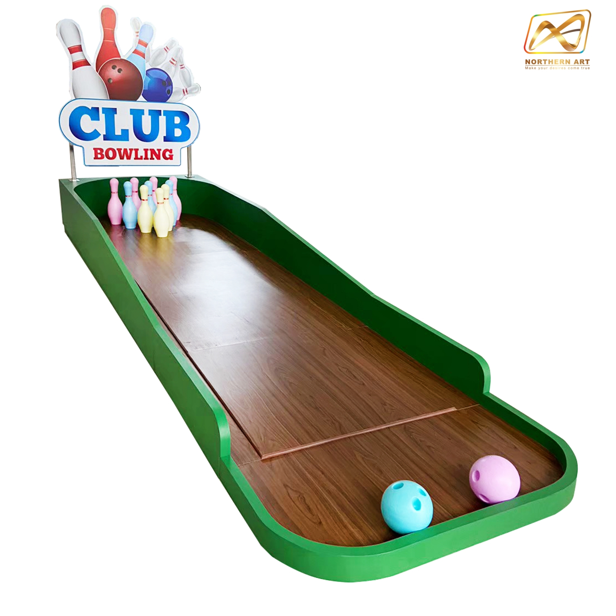 เช่าเกมส์โยนโบว์ลิ่ง Bowing ขนาด (W)95 x (L)358 x (H)38+60 cm.พร้อมชุดพินโบว์ลิ่งและลูกบอล 2 ลูก (ราคาพร้อมงานพิมพ์)