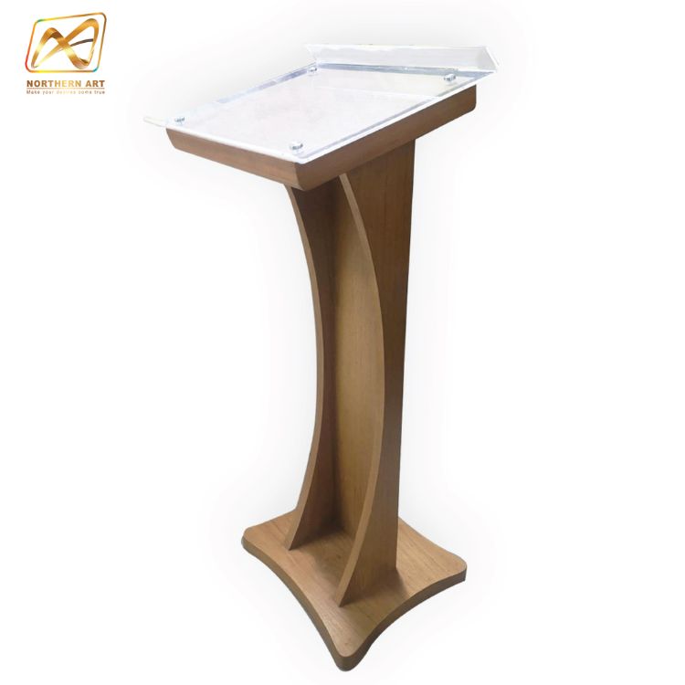 โพเดียมลายไม้ สีสัก ขนาด (W) 48 x (L) 40 x (H) 120 cm. Top เอียง ปิดทับอะคริลิคใสพร้อมหมุด