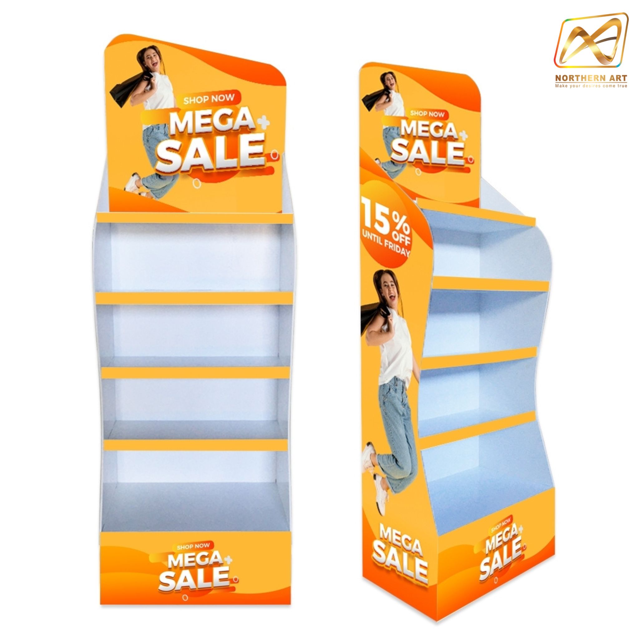 ชั้นวางสินค้าพลาสวูด 5 ชั้น ขนาด (W)50 x (D)30 x (H)150 ซม. พลาสวูดสีหนา 8 มม. พร้อมงานพิมพ์