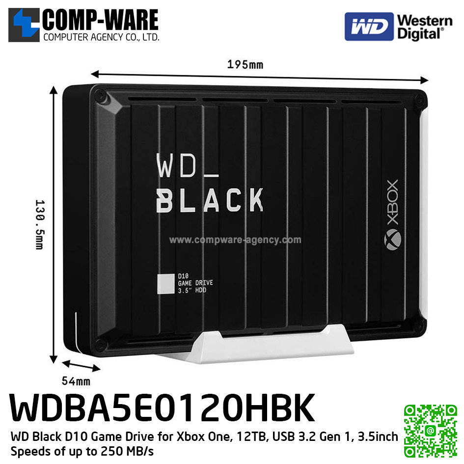 WD Black D10 Game Drive for Xbox One, 12TB, USB 3.2 Gen 1, 3.5inch , Speeds of up to 250 MB/s ( WDBA5E0120HBK-SESN )